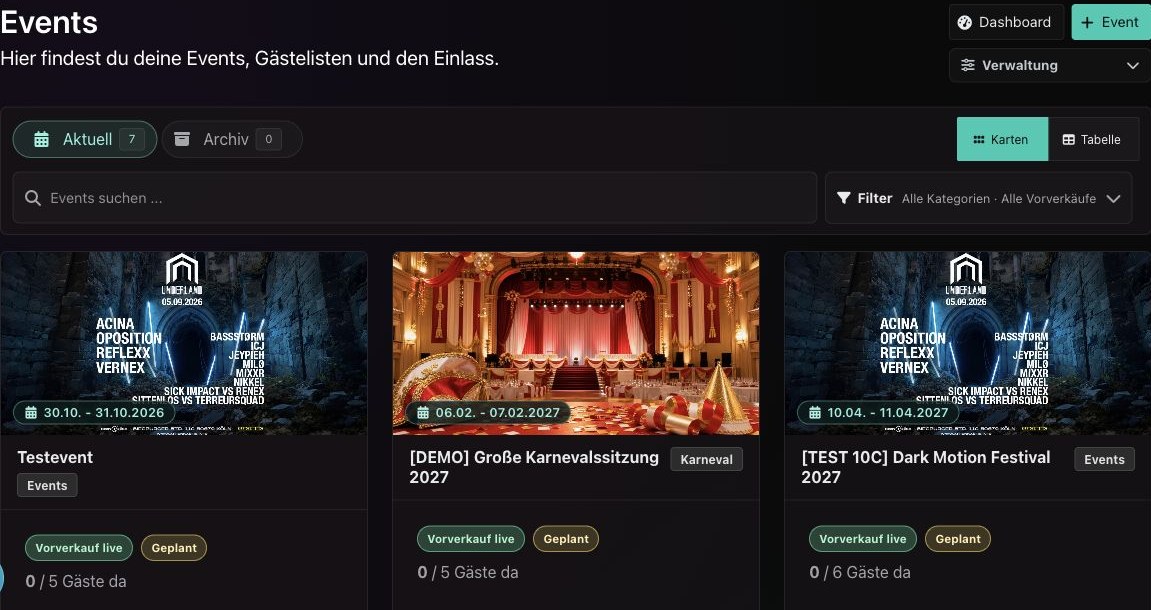 N8-Manager-Eventübersicht mit Status und Vorverkauf