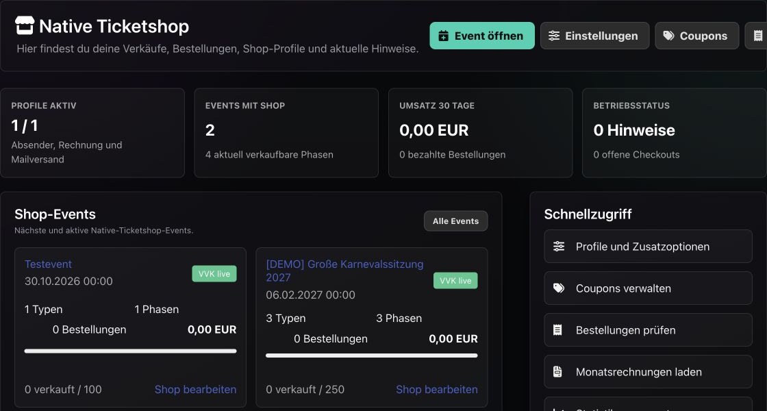 N8-Manager-Ticketshop mit Verkaufskennzahlen und Shop-Events